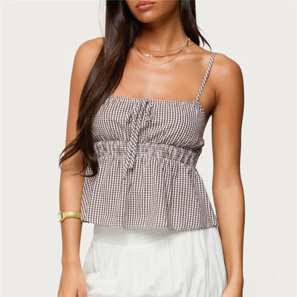 Summer Gingham Cami Top for Women Sexy Tie Front Ruffle Hem Sleeveless Peplum Blouse Casual Spaghetti Strap Top