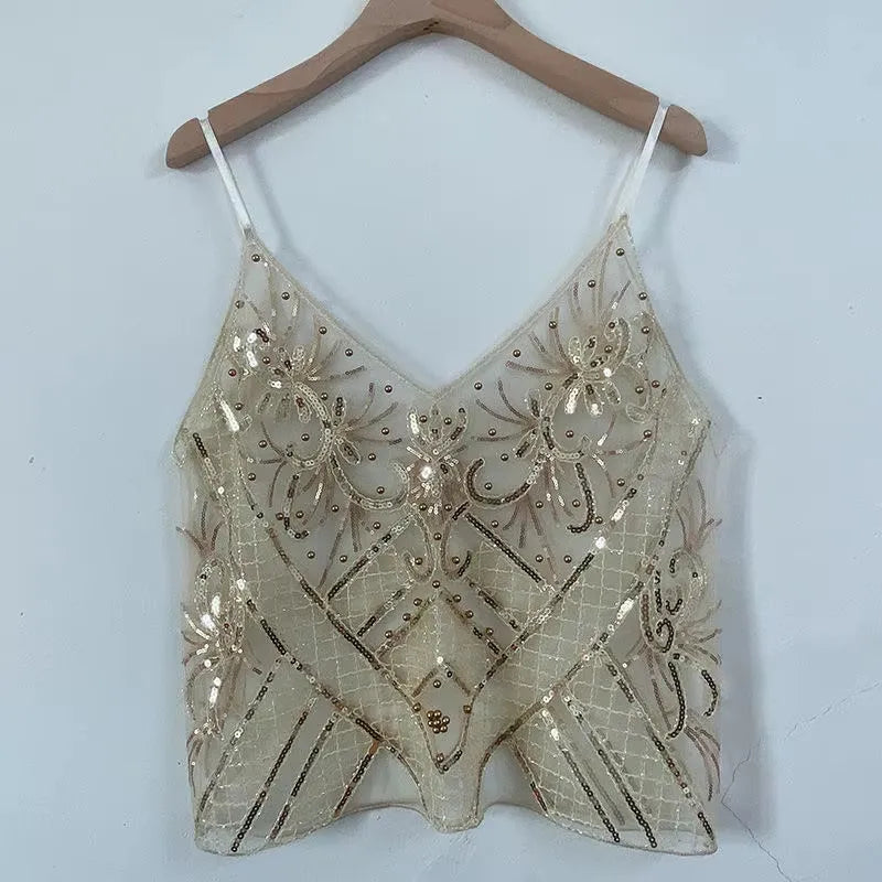 Bling Sequined Tanks Tops Women Sexy Beaded Work Mesh Tops Chic Women Sparkly Cami Vest Femme Summer Streetwear