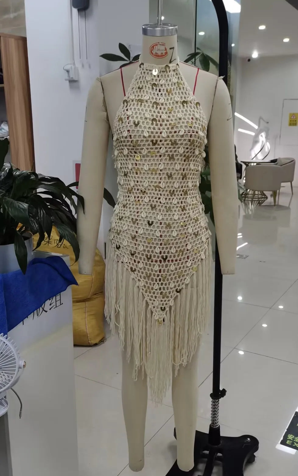 Women's Crochet Swimsuit Cover Up Sequin Embellished Sleeveless Halter Knit Mini Dress Cut Out Beach Tassel Hem Dress