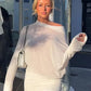 Full Sleeve Diagonal Collar Dress Women Backless Solid See Through Autumn New Fashion Simple Classic Chic Mini Bodycon