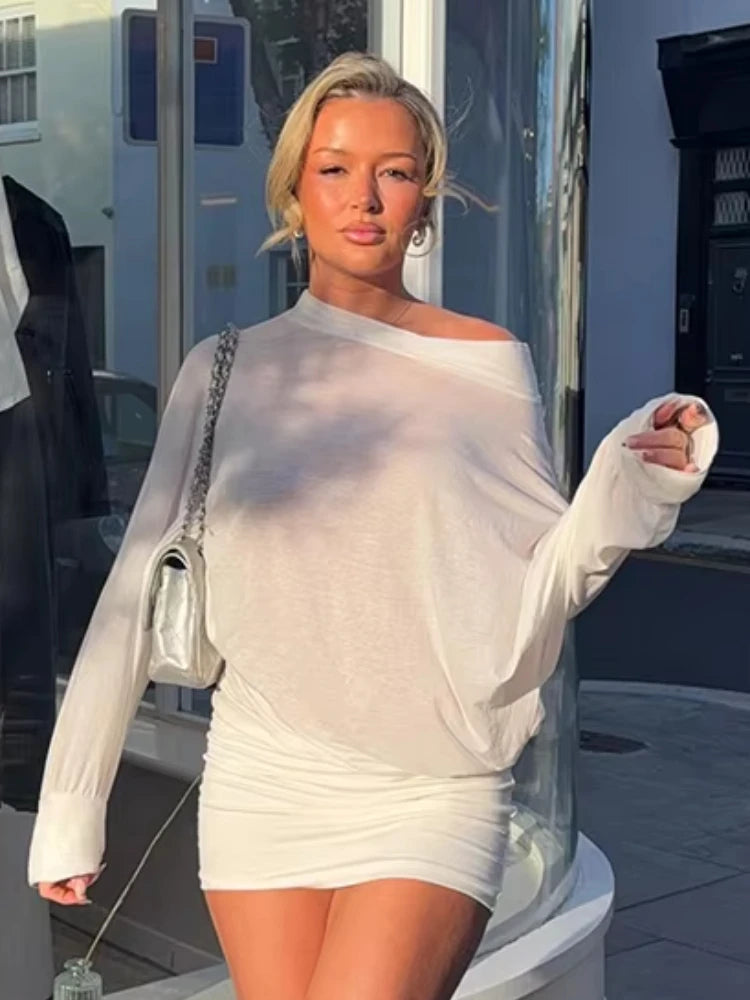 Full Sleeve Diagonal Collar Dress Women Backless Solid See Through Autumn New Fashion Simple Classic Chic Mini Bodycon