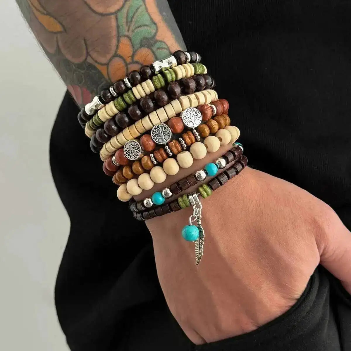 9Pcs/Set Ethnic Feather Tree of Life Pendant Bracelet for Men on Hand Elastic Wooden Beaded Bangles Couple Jewelry Gift