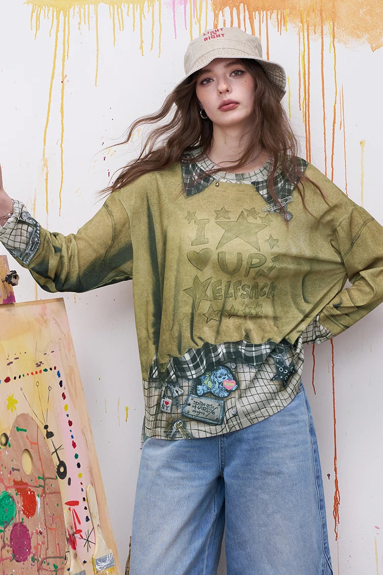 Plaid Patchwork Fake Two-Piece Sweatshirt with Star Print for Women
