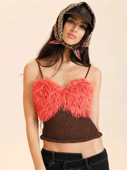 Knit Furry Tank Tops Women Sweet V-Neck Contrast Patchwork Rolled Hem Vacation Midnight Party Club Basic Slim Vest