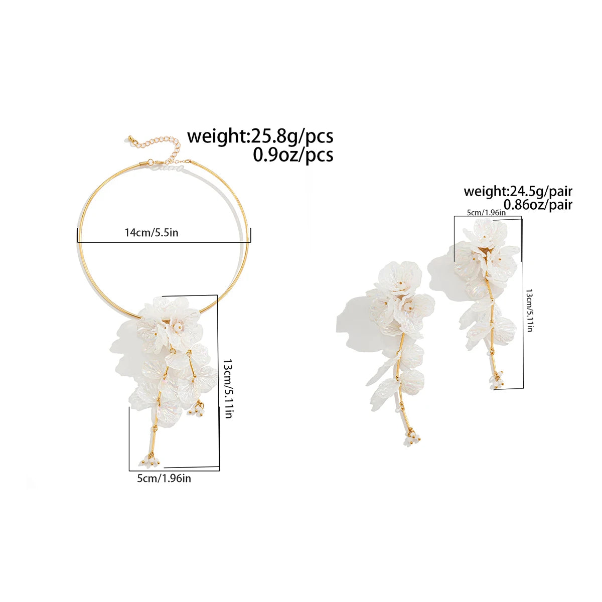 Creative Punk Torques Chain Necklace Women Wed Bridal Elegant White Flower Hanging Drop Earrings Wed Bridal Jewelry Set