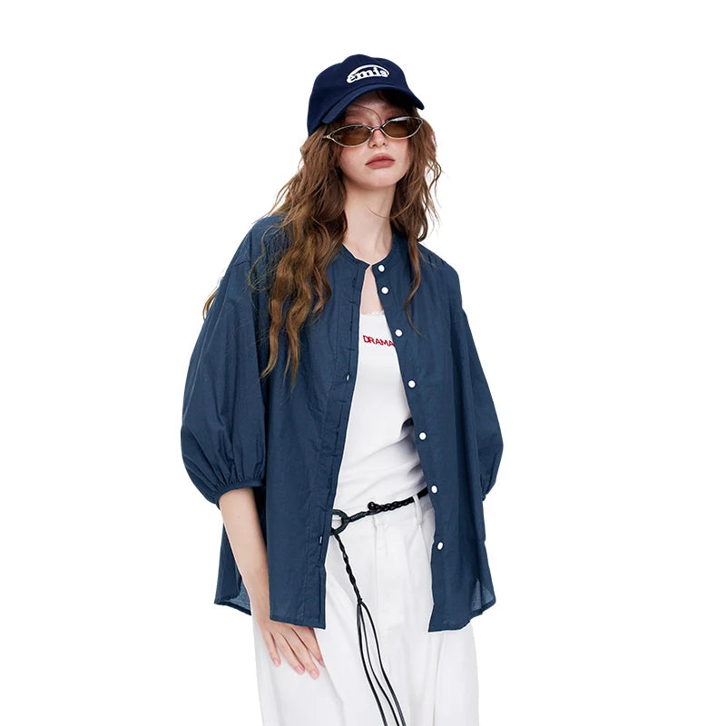 Women's Solid Color Sheer Blouse, Stand Collar Puff Sleeve Casual Button Down Loose Fit Shirt