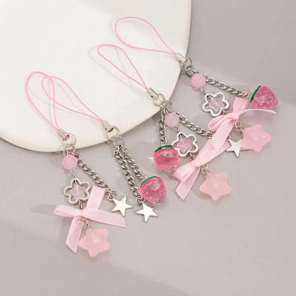 2025 New Korean Fashion Sweet Strawberry Bowknot Keychains Star Pendant Keyrings Ins Aesthetic Holder Bag Accessories