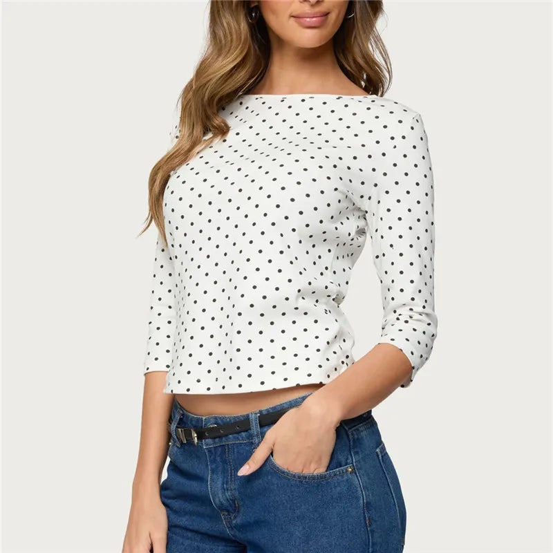 Women's Spring Summer T-Shirt Quarter Sleeve Round Neck Dots Print Slim Fit Tops Blouse Casual Daily Streetwear