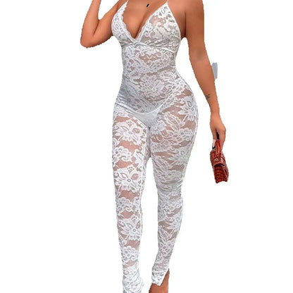 See Through Jumpsuit Women Backless v-Neck Sleeveless Flower Lace Slim Sexy Midnight Summer Hottie Fashion Outfit