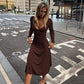 Elegant Brown V Neck Long Sleeve Midi Dress Fall 2026 Women's Casual Dresses