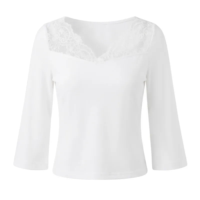 Women Lace V Neck 3 4 Sleeve Crop Top Elegant Spliced Lace Patchwork Slim Fitted Blouse Casual Solid Short Tee Shirt