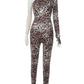 Leopard Print Jumpsuits Women Turtleneck One Sleeve Skinny Peach Hip Hot Girls Street Fashion Wild Style Overalls