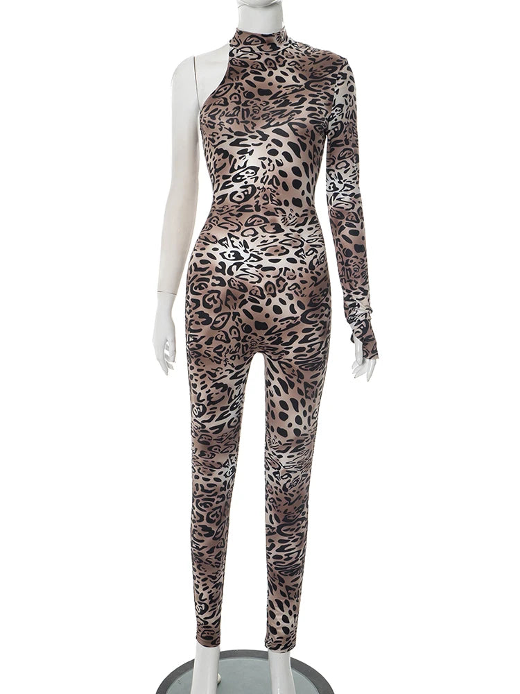 Leopard Print Jumpsuits Women Turtleneck One Sleeve Skinny Peach Hip Hot Girls Street Fashion Wild Style Overalls