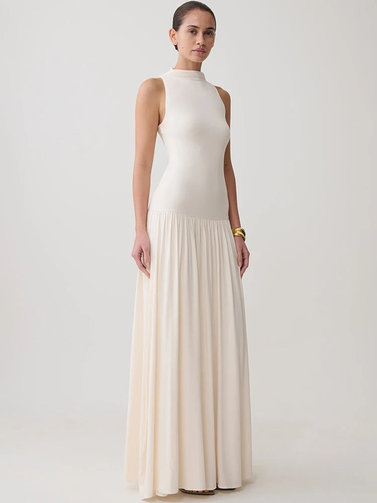 Women Sleeveless High Neck Sexy Maxi Dress Pleated Long Dress Elegant Drop Waist Club Party Evening Long Dresses