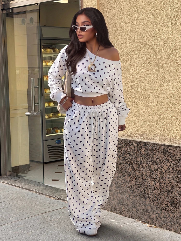 Casual Fashion 2 Piece Set Woman Polka Dot Print Skew Collar Full Sleeve T-Shirts+Drawstring Long Pants Classic Suits