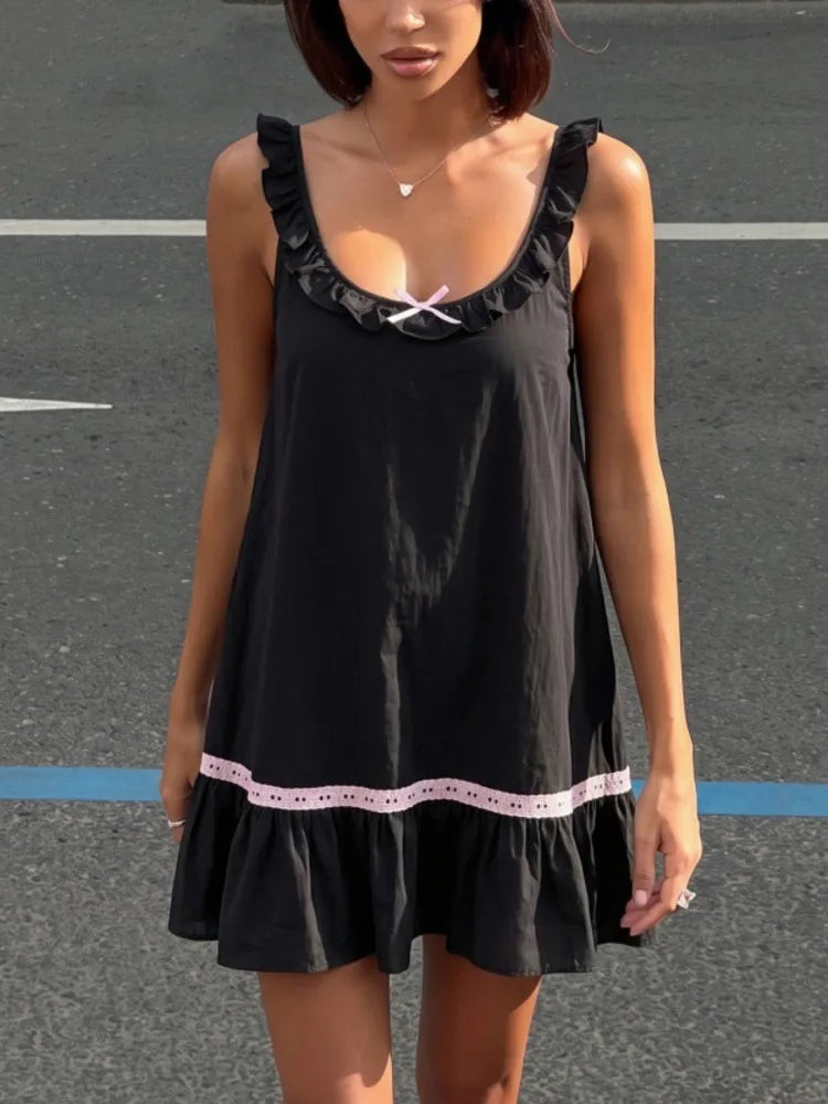 Women Ruffle Strap Mini Dress Sweet Bow Decor Contrast Lace Trim Sleeveless A‑Line Short Dress Y2K Casual Party Dress