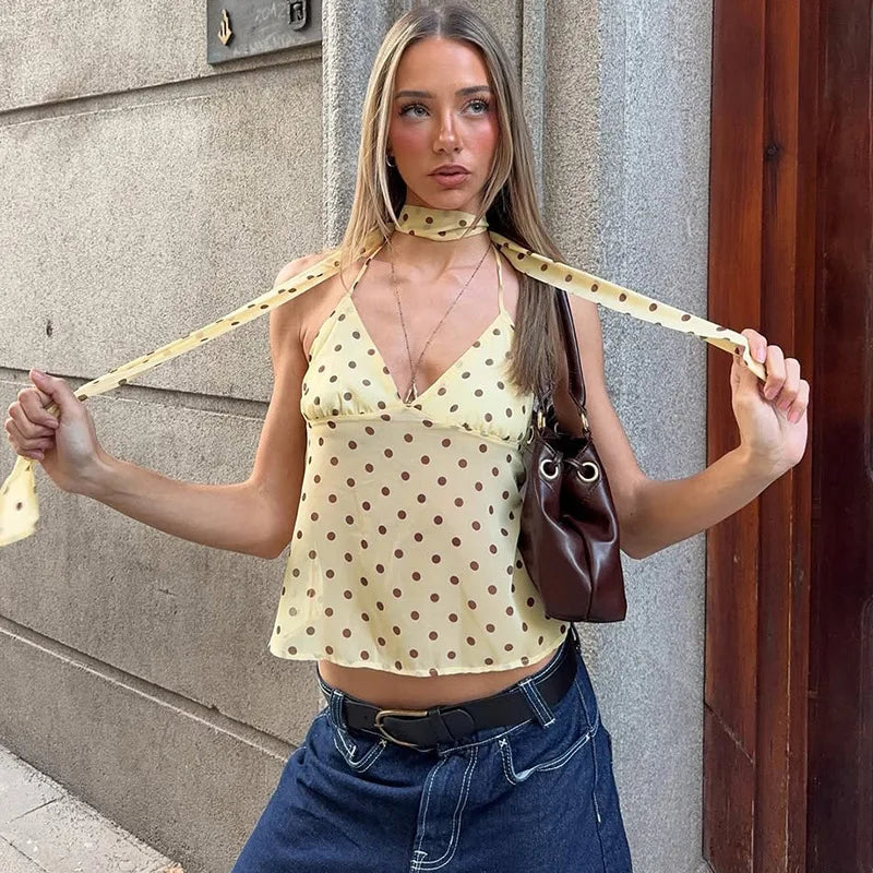 Polka Dot Halter Top with Scarf Women's Tanks Deep V Neck Backless Camis Cutecore