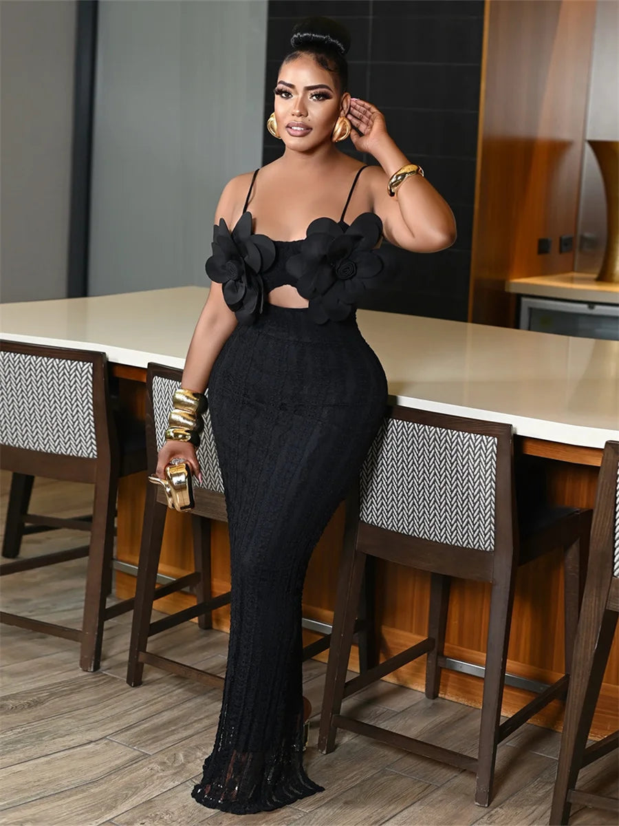 Backless Sexy 3D Boutonniere Dress Women Stripes Hollow Sleeveless Lace Stretch Skinny Party Fashion Activity Bodycon