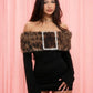 Leopard Furry Patchwork Mini Dress Woman Fake Diamonds Decoration Slash Neck Full Sleeve Backless Fashion Bodycon