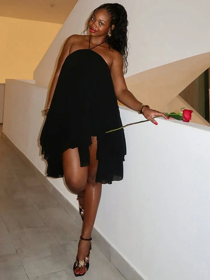 Halter Loose Dress Women Y2K Summer Sleeveless Backless Tiered Lrregular Hem Beach Vacation Sexy Trend Party Bodycon