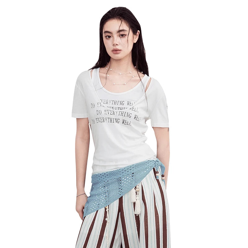 Double-Layer Textured Fitted T-Shirt, Off-Shoulder Ruched Short Sleeve Top