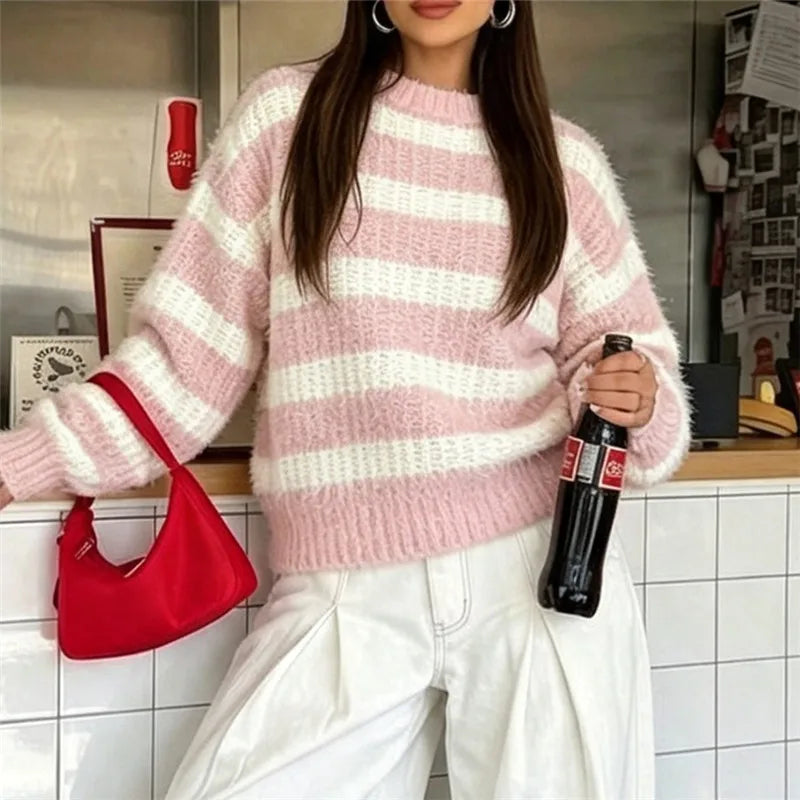 Women Striped Fuzzy Knit Sweater Crew Neck Long Sleeve Oversized Pullover Y2K Vintage Casual Fall Winter Knit Top