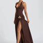Elegant Backless Sexy Maxi Dress Set Women Halter Bodysuit And Maxi Skirt Matching Set Female Ruched Split Dress Sets