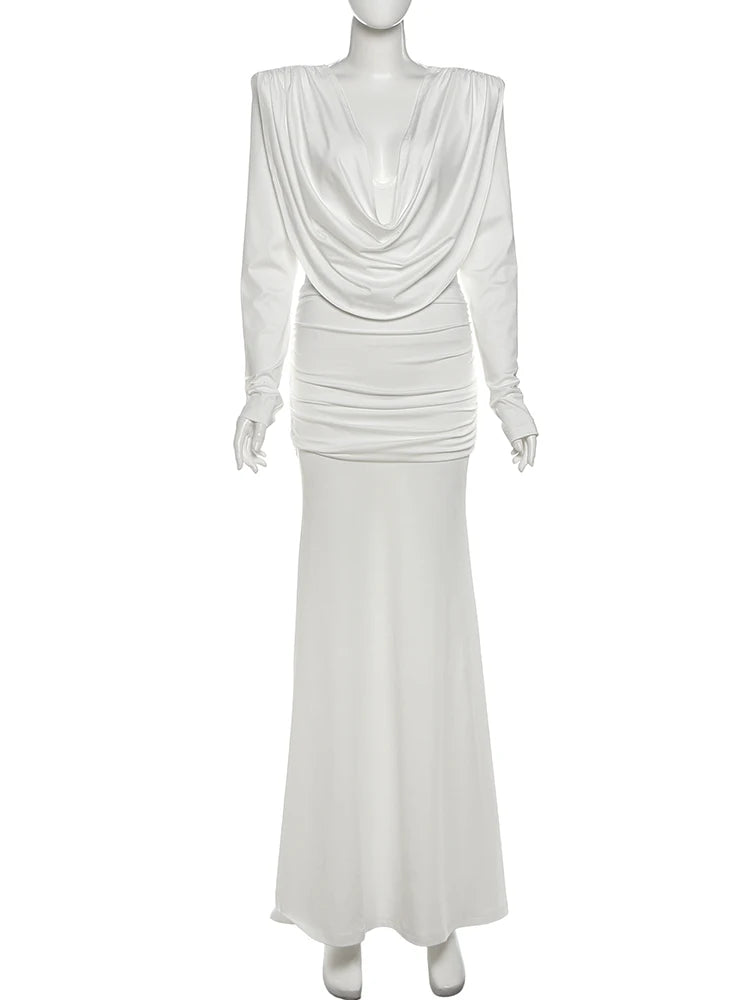 Elegant Swing Collar Dress Ruched Backless Full Sleeve Stretch Party Banquet Gown Fashion Peach Buttocks Vestidos