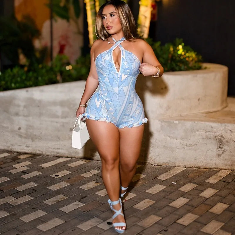 Blue Print Deep V Backless Playsuit Romper Sexy Beach Vacation Outfits Trendy Clothes Woman 2026