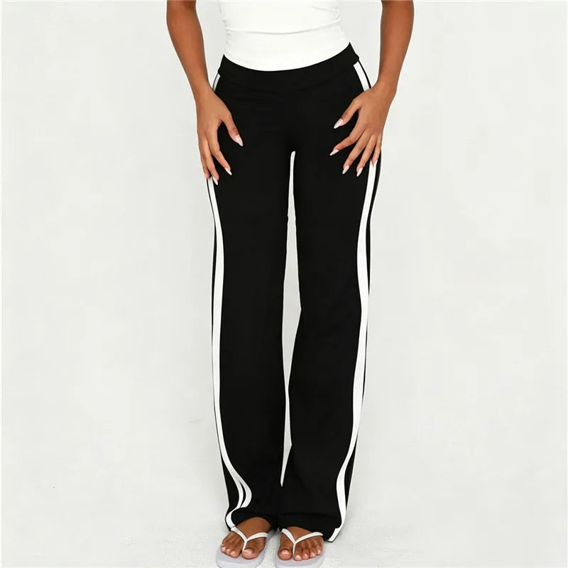Women Side White Striped Flare Sweatpants Fold Over Waist Slim Bootcut Y2K Casual Streetwear Sports Trousers