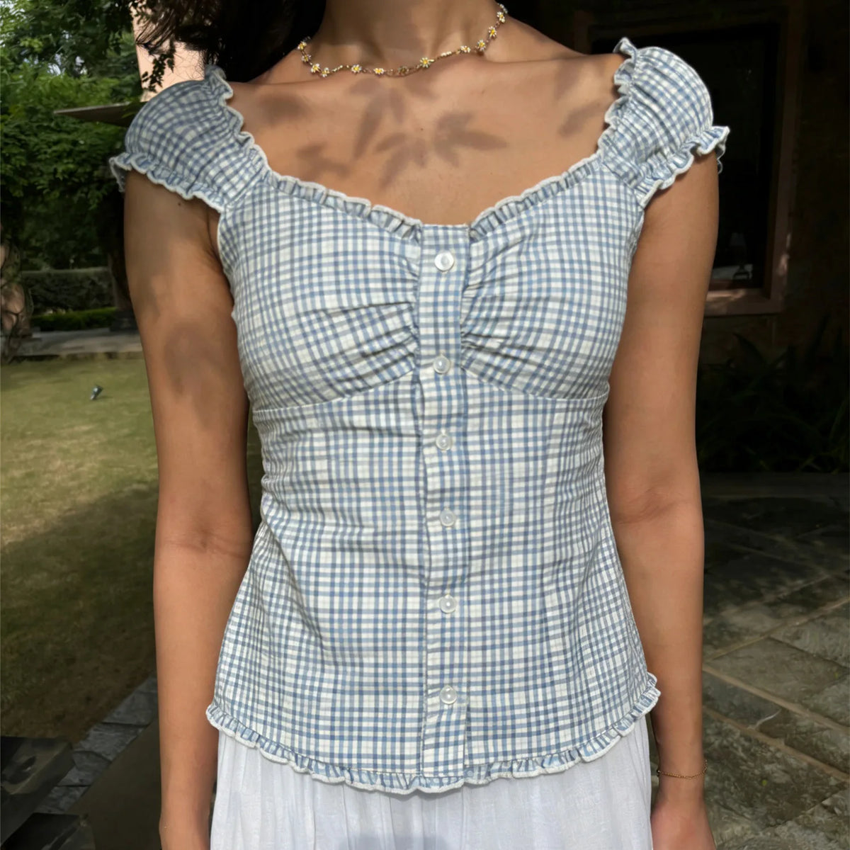 Ruffles Hem Babydoll Vest Women Fairy Grunge Y2K T-shirts Button Front Cap Sleeve Crop Top Vinatge E-Girls Aesthetic Tee