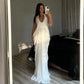 V Neck Backless Sleeveless Pleated Long Maxi Dress Sexy Mesh White Dresses for Woman Party Wedding