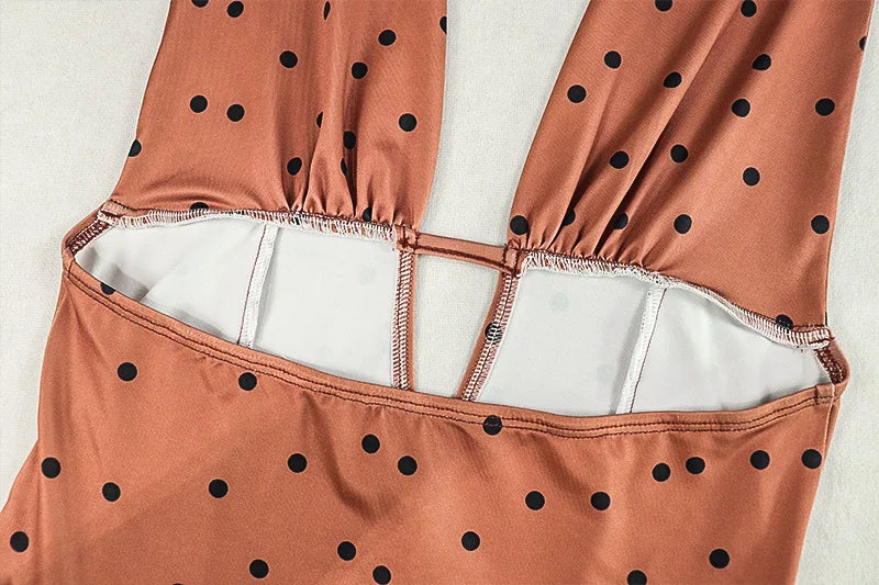 Polka Dot Print Mini Dress Women Halter Deep V-Neck Backless Sleeveless Midnight Party Ruched Elegant Skinny Clubwear