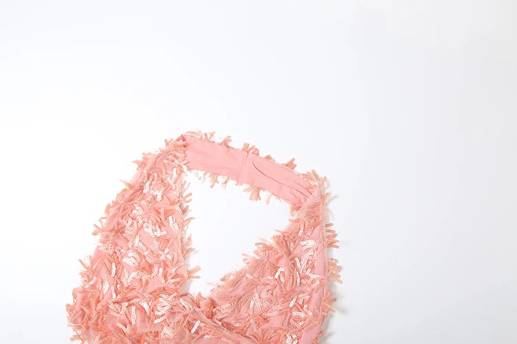 Slim Sequin Tassels 2 Piece Set Women Sexy Swing Collar Tank Tops+Peach Hip Skits Midnight Summer Birthday Party Clubwear