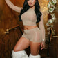 Sexy  See Through 2-Piece Set Women Full Sleeve o-Neck Crop Tops+Simple Elastic Waist Short Slim Midnight Hottie Suit