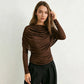 Elegant Draping Mesh Long Sleeve Tops for Woman Clothing Casual Solid Color Fitted T Shirts Fall 2026