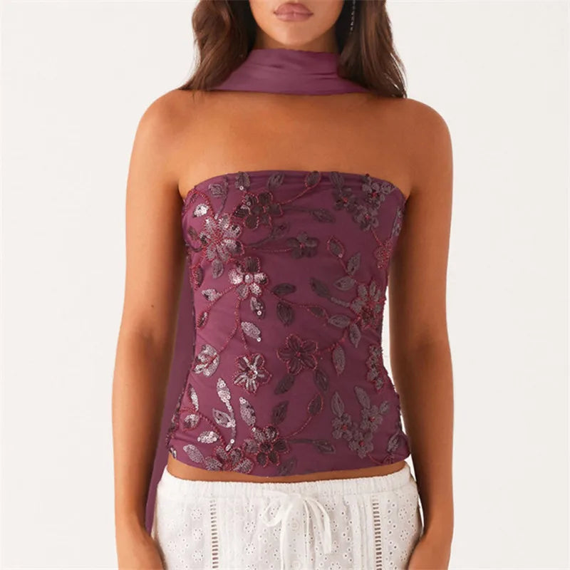 Women Y2K Sequin Tube Top with Scarf Sexy Backless Pearl Embellished Beaded Cami Bling Glitter Rhinestone Camisole