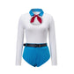 Women Contrast Collar Long Sleeve Bodysuit High Waist Shorts Set Halloween Cosplay Fancy Party Costume With Bow And Belt