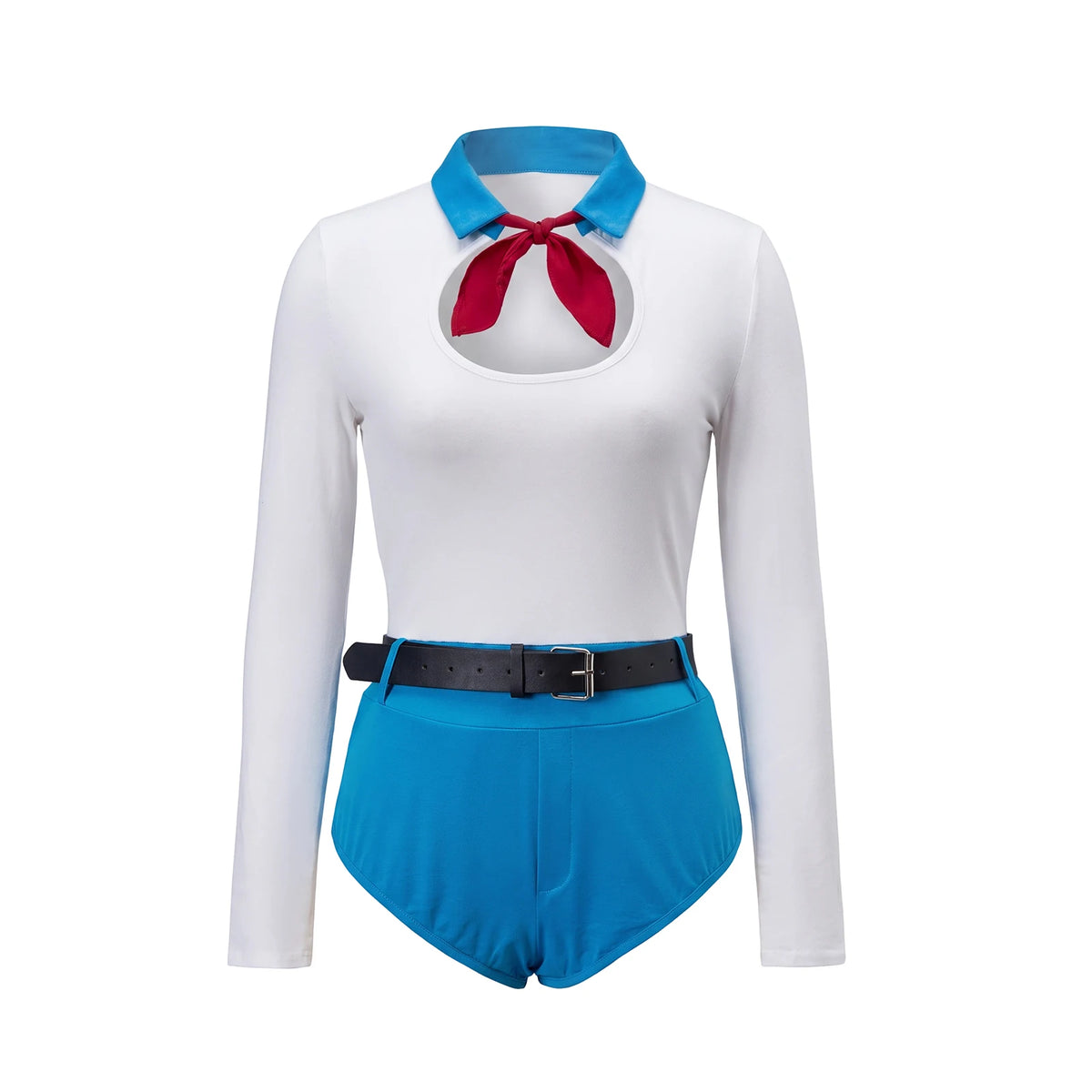 Women Contrast Collar Long Sleeve Bodysuit High Waist Shorts Set Halloween Cosplay Fancy Party Costume With Bow And Belt