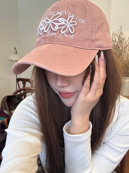 Vintage Washed Cotton Baseball Cap with Cute Flower Embroidery