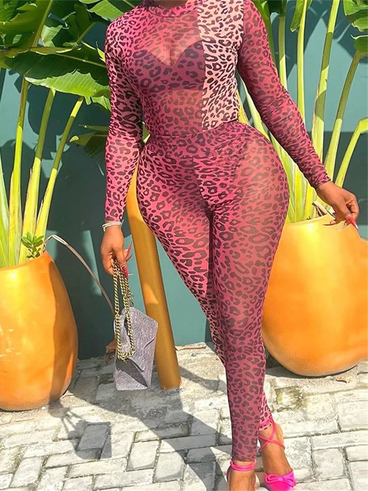 See Through Women 2 Piece Set Sexy Rave Leopard Print Bodysuit+Leggings Body Shaping Tight Matching Activity Clubwear