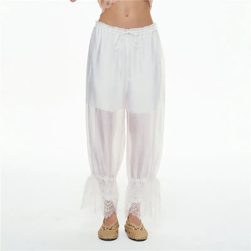 Women Boho Sheer Loose Harem Pants Drawstring Elastic Waist Lace Ruffle Hem Casual Beach Cover Up Trousers With Pockets