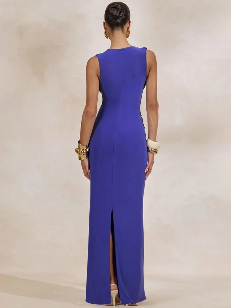 Women Deep V Neck Sleeveless Sexy Maxi Dress Wrap Ruched Bodycon Long Dress Elegant Evening Club Party Formal Gown