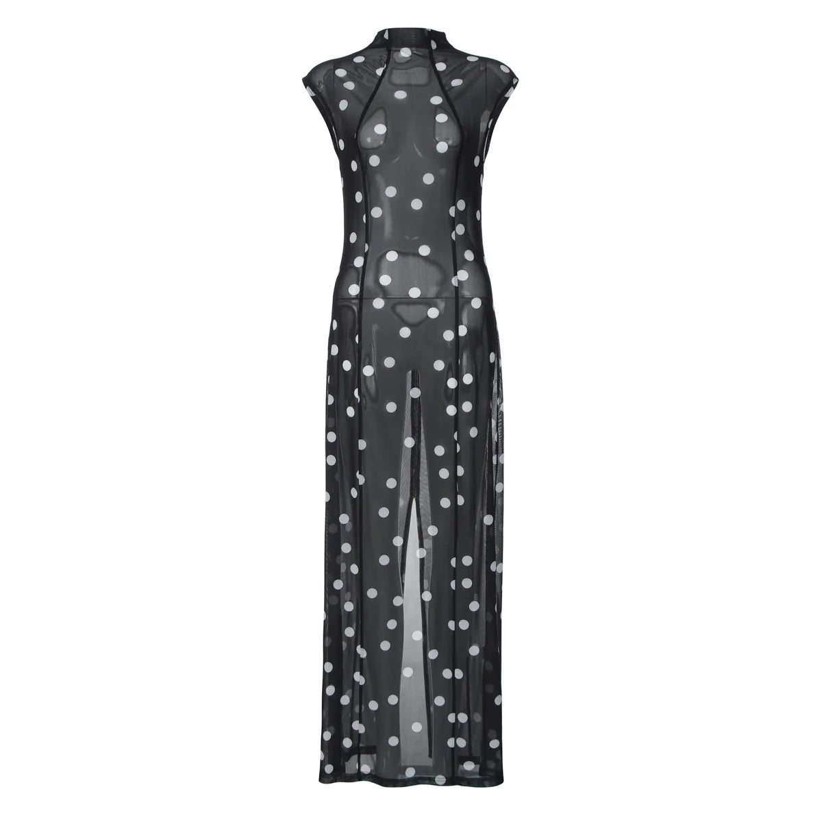 Black and White Polka Dot Print Mesh Sheer Sleeveless Maxi Dress Vintage Summer Dresses 2026 Woman Clothing