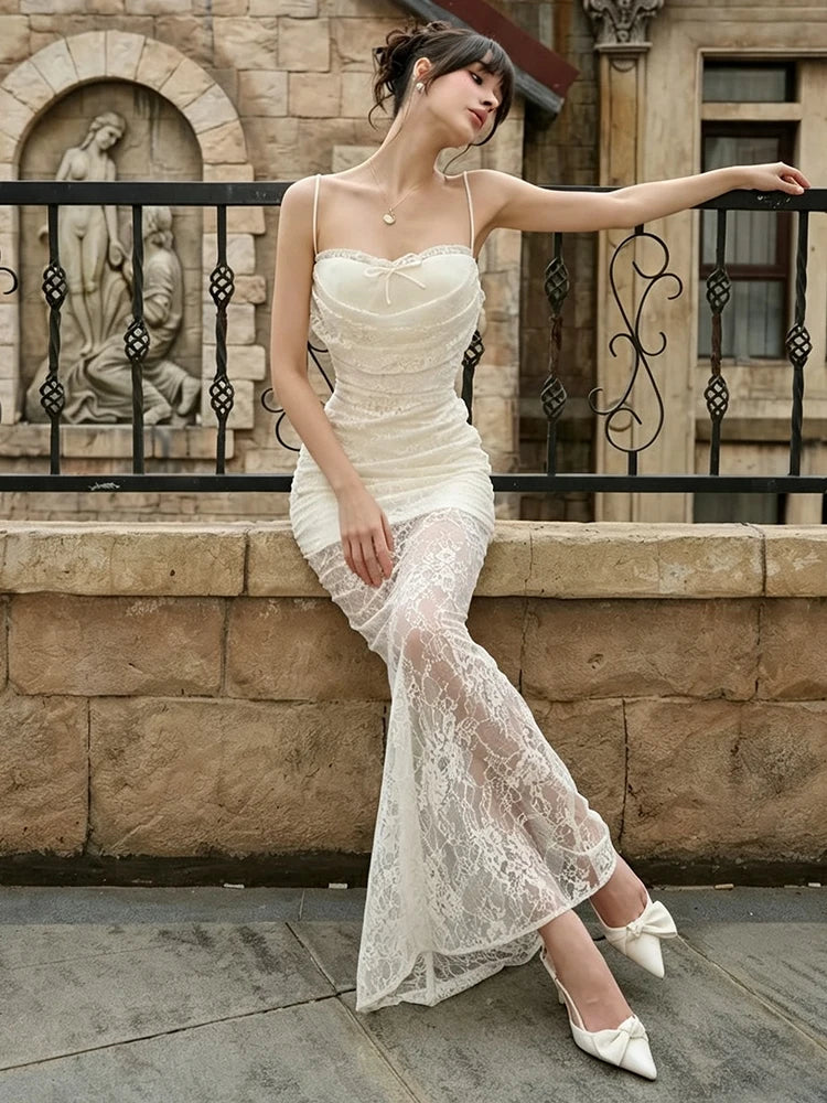 Patchwork Lace Maxi Dress Women Bow Folds Low-Neck Sleeveless Skinny Elegant Wedding Party Banquet Chic Vestidos