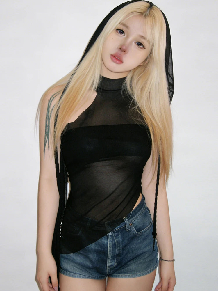 Mesh Sexy Tassel Hat+Vest Half Turtleneck Patchwork Irregular Hem Hip-Hop Style Music Festival Midnight Streetwear