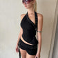Sexy Hipster Hollow 3-Piece Set Women Biased Collar Backless Tank Tops+Rivet Waistband+Simple Shorts Midnight Suit