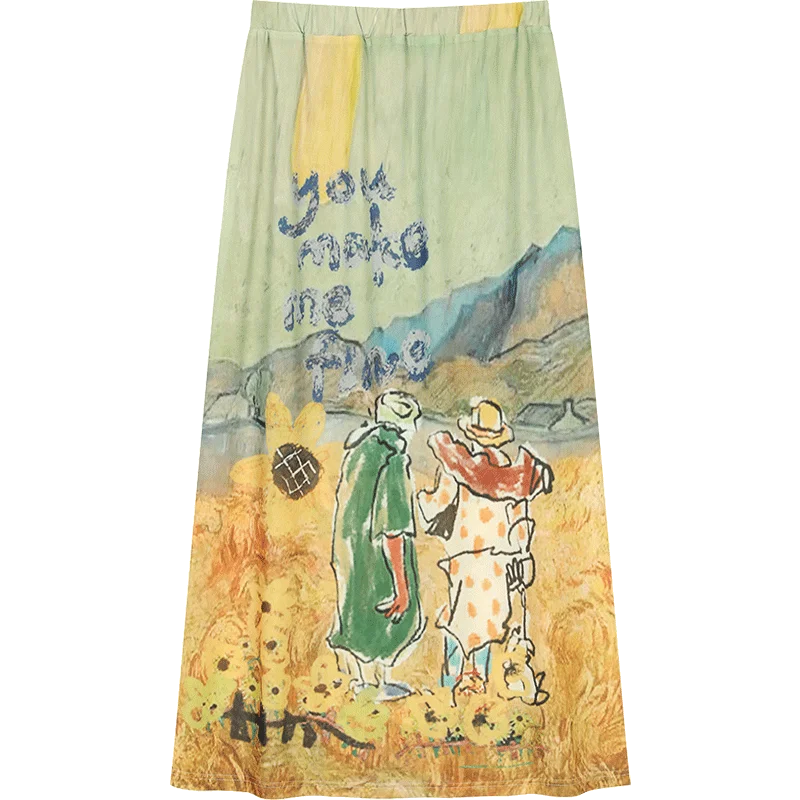 2025 Summer New Arrival Light Multi-color Oil Painting Style Graphic Maxi Skirt For Woman