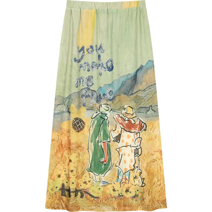 2025 Summer New Arrival Light Multi-color Oil Painting Style Graphic Maxi Skirt For Woman