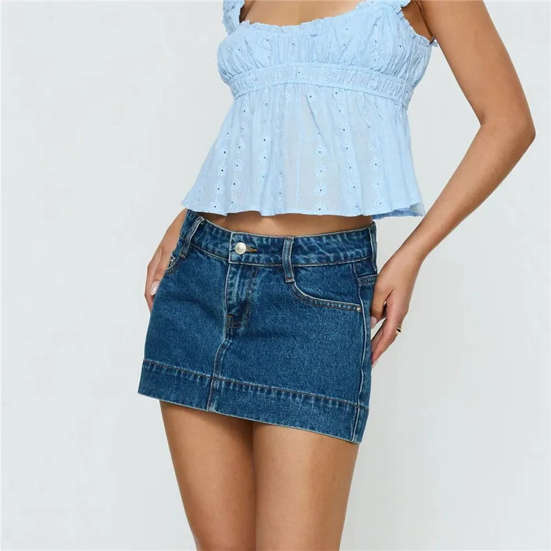 Retro Washed Micro Denim Skirt Ladies Low Rise Contrast Seam Hem Slim Fit High Cut Short Jean Skirt Concert Party Bottom